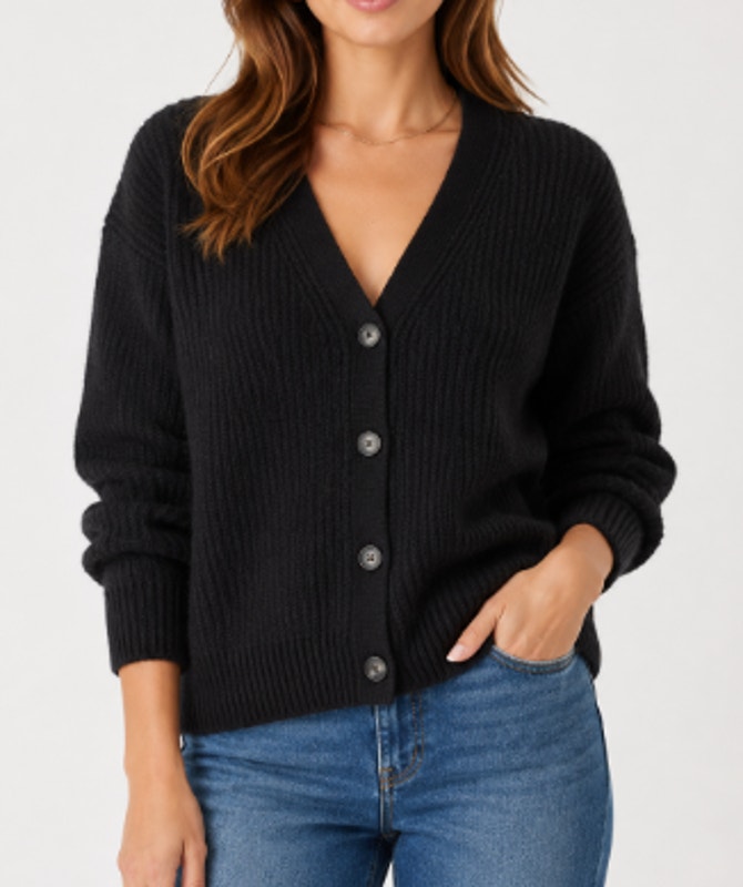 Margaret O’leary Cotton Merino Cardigan V-Neck Chunky Rib Knit Sweater Black